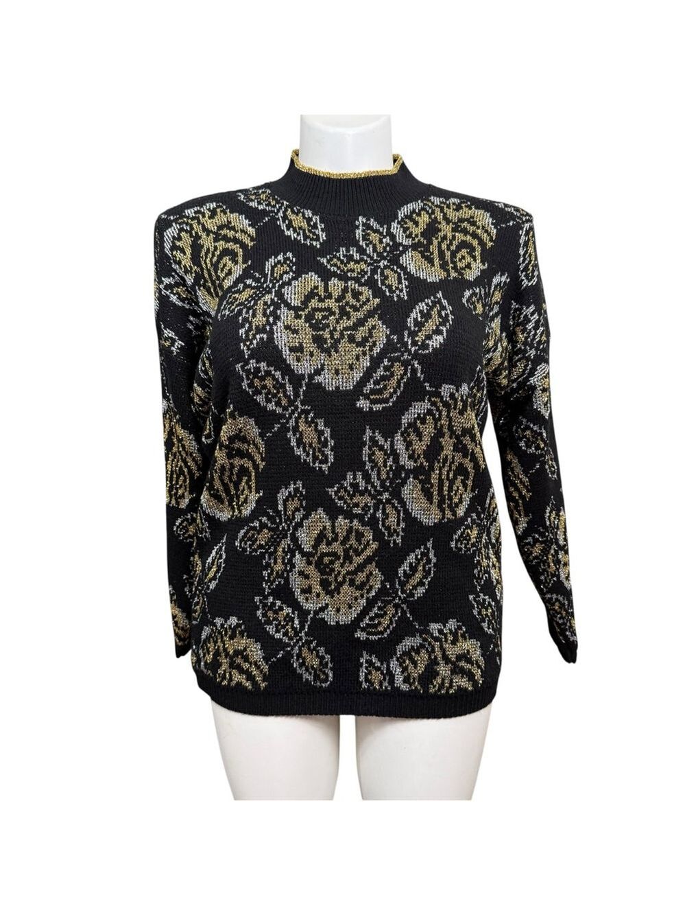 Vintage Bel Ami Black Gold Metallic Floral Sweater Made in USA Size Medium